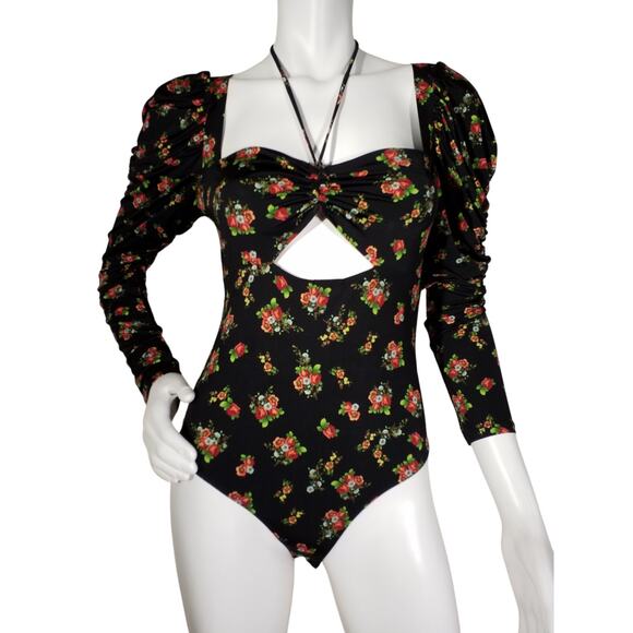 AFRM Womens Size Small Coppelia Bodysuit in Noir Rose Garden Ruched Puff Sleeves - Picture 1 of 5